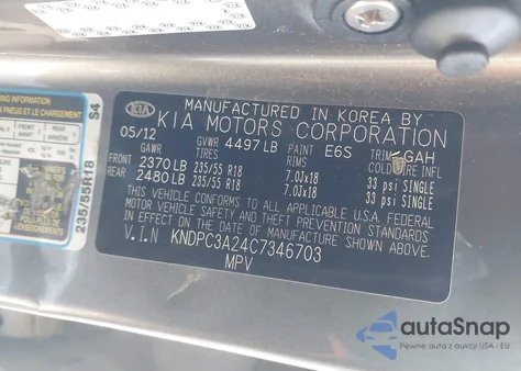 2012 Kia Sportage Ex z USA, uszkodzony, nr VIN KNDPC3A24C7346703